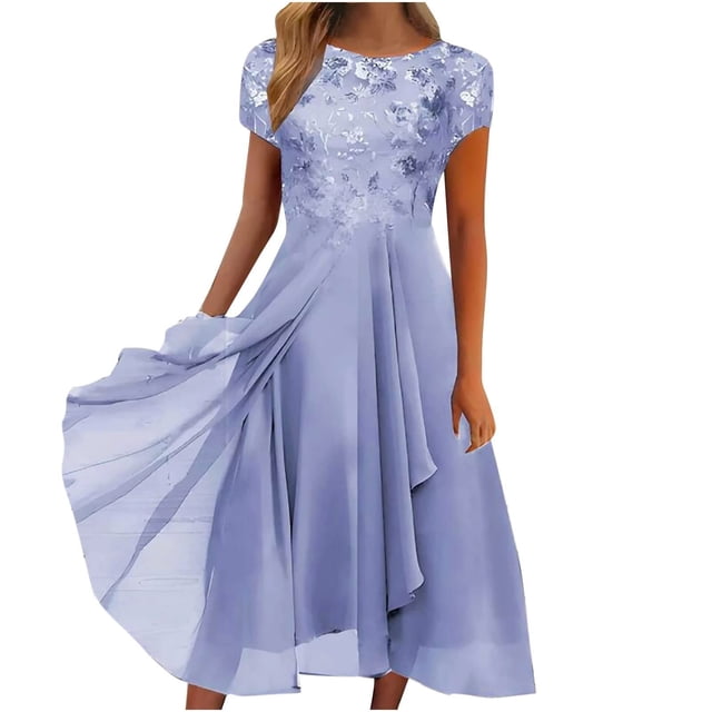 WTXUE Robe Grande Taille, Robe Longue Maxi à Encolure Ronde en Mousseline Patchwork à Imprimé de Paillettes pour Femme, Robe à Paillettes pour Femme, Robe Bleue Femme, Bleu 4TG