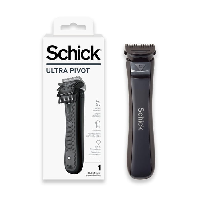 Schick Ultra Pivot Electric Trimmer with black ergonomic handle and pivoting head locking into 5 positions, shown beside its white box highlighting full body use, built-in adjustable comb, and safety guard, ideal for men's body hair trimming.