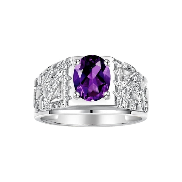 RYLOS Men's Rings Sterling Silver Designer Nugget Ring Oval 9X7MM Gemstone & Diamonds Amethyst February Birthstone Rings For Man Size 13
