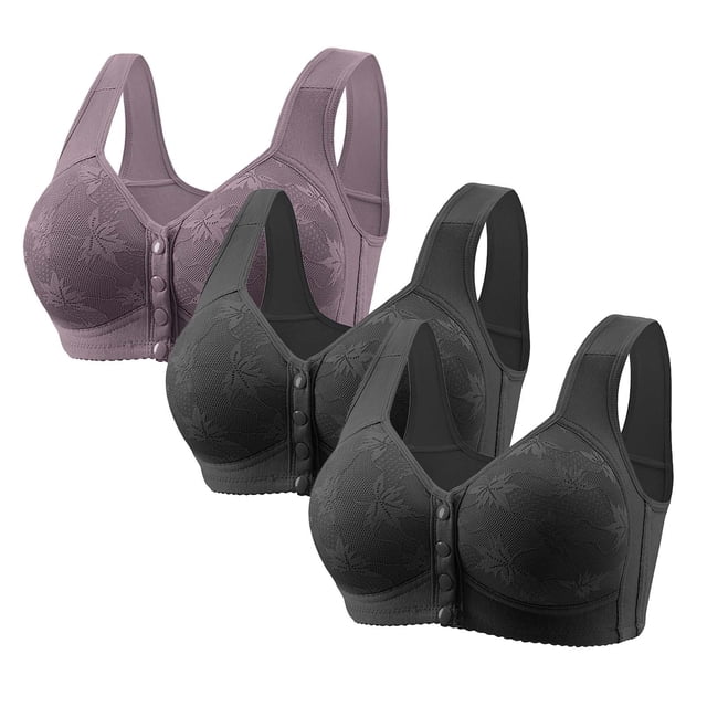Yanlir 3PCS Everyday Bra for Women's Fashion Button No Underwire Front Closure Comfort Bras in multicolor, size 2XL. This set includes three full-coverage wireless bras with a front snap closure, featuring a delicate lace pattern and wide adjustable straps for added comfort. Designed with a thin cup and breathable polyester material, these bras provide support and a relaxed fit, suitable for daily wear or casual occasions.