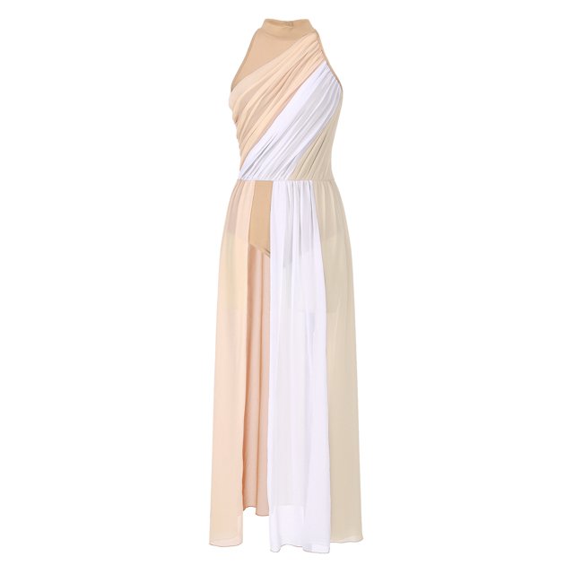 ranrann Robe de Danse Lyrique pour Femmes Col Halter Ourlet Froncé Robe Maxi Fluide à Blocs de Couleur pour Performance Nude m