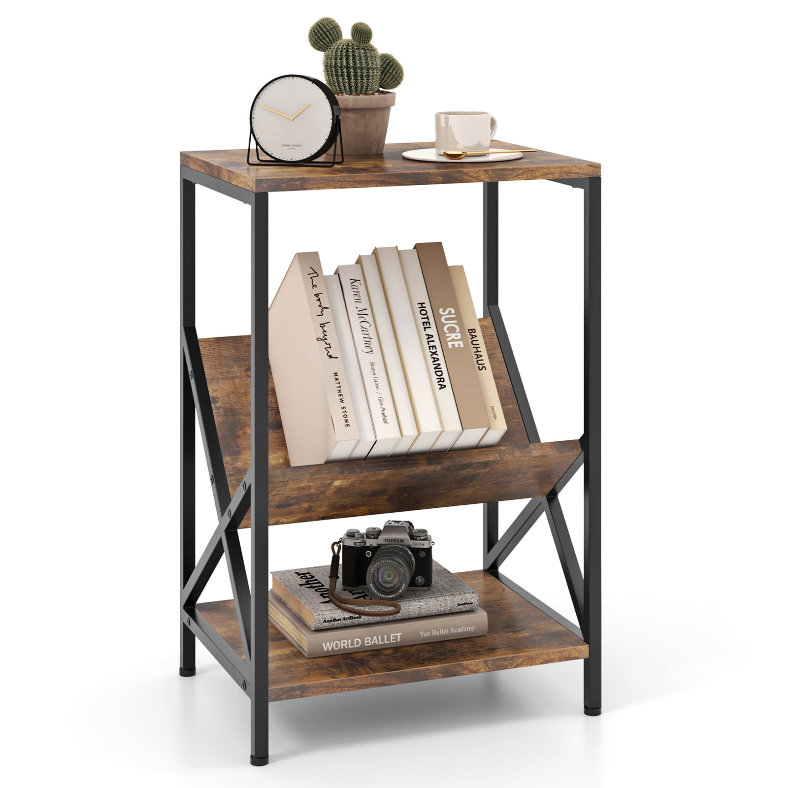 Giantex 3-Tier End Table, Industrial Sofa Side Table, Small Nightstand, Bedside Table w/V-Shaped Magazine Holder