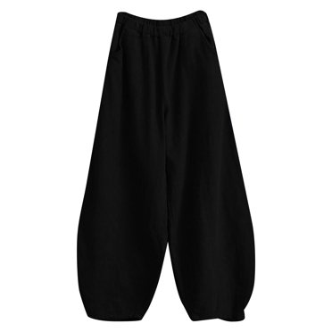 QUYUON Track Pants Women Summer Printed Cropped Pants Plus Size Cotton Linen Pants Elastic Waist Casual Capris Pants Shorts Pull on Pants for Women Joggers Pant Style N-2816 Black L