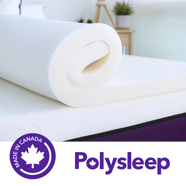 Polysleep Memory Foam Mattress Topper, a 2-inch antimicrobial medical-grade hybrid foam topper designed for comfort and breathability. The image shows a rolled-up white foam topper with a smooth texture placed on a mattress. The Polysleep logo and 'Made in Canada' badge are visible in the foreground.