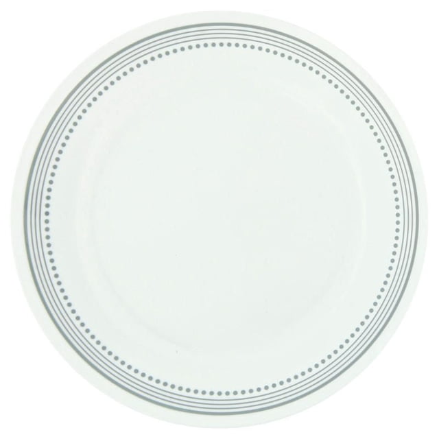 Corelle Mystic Grey 8.5" glass salad plate with a white base and soft grey dotted and striped border, made from durable, lightweight Vitrelle glass that resists chips and cracks, dishwasher and microwave safe, ideal for everyday dining and space-saving storage.