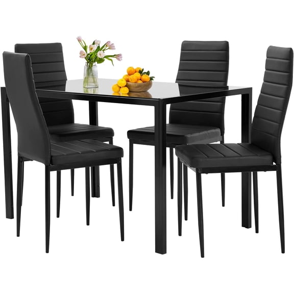 FDW Modern 5-Piece Dining Set – Black Glass Table, 4 Upholstered Faux Leather Chairs, Space-Saving Rectangular Kitchen & Dining Room