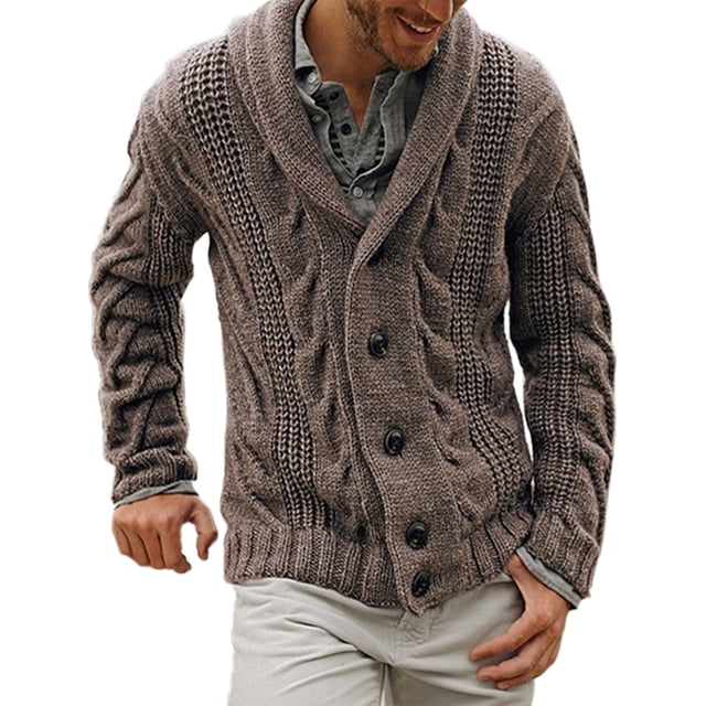 CVLIFE Men Coat Shawl Collar Outwear Long Sleeve Cardigan Sweater Ribbed V Neck Jacket in brown, size XL. This men's mid-length cardigan features a shawl collar, cable-knit design, and an open front with button closure. Made from 100% acrylic, it offers a soft, breathable, and warm fit, ideal for autumn and winter. Styled for casual, work, or travel occasions, it pairs well with jeans or trousers for a classic look.