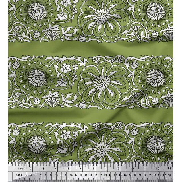 Soimoi Modal Satin Fabric Leaves & Floral Block Print Fabric by Yard 42 Inch Wide