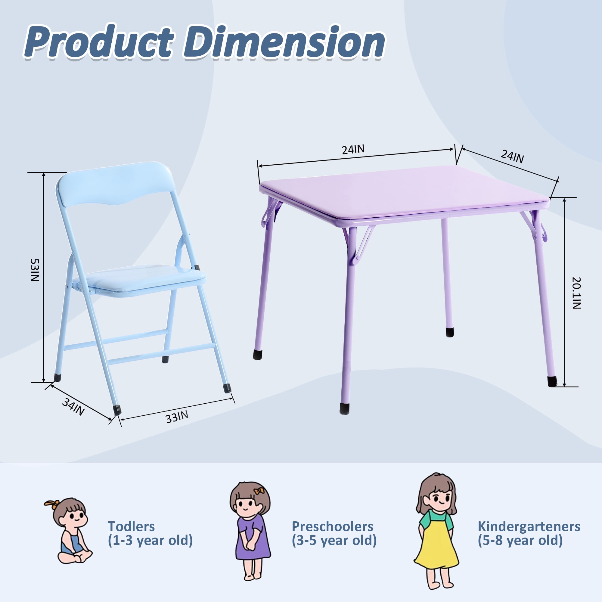 Ensemble table d'activité et 2 chaises pliantes pour enfants Homy Casa, 24 po, métal pour tout-petits et préscolaire, rose/violet/bleu
