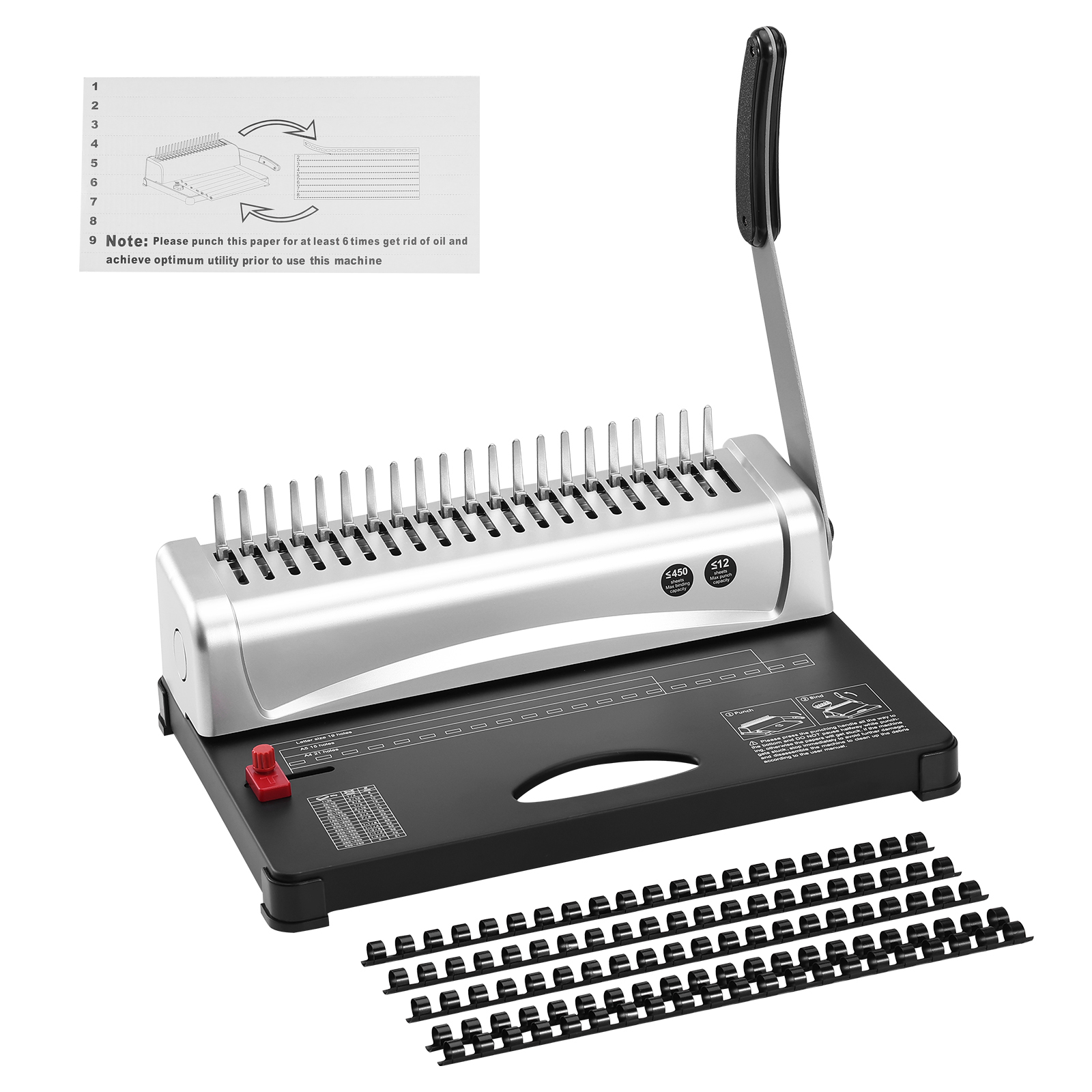 KFFKFF Bookbinding Equipment, 21-Hole Binder Capable of Binding 450 Pages, Comes with 100 Units of 3/8'' Binding Combs, Suitable for Letter Size, A4, A5