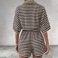 thumbnail image 4 of Womens Summer Casual Striped Rompers Button V Neck Short Sleeve Short Jumpsuit with Belted Linen Rompers Women Khaki S, 4 of 4