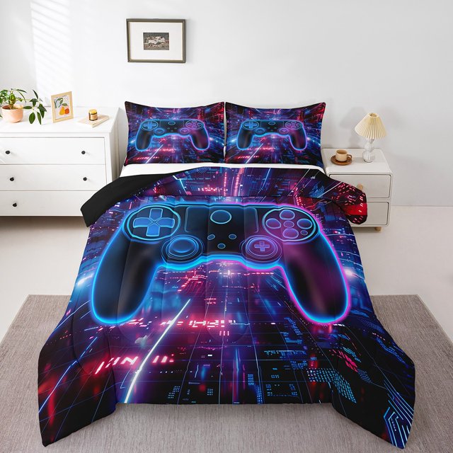 Erosebridal Video Game Bedding Twin Comforter Set,Gradient Geometric Down Comforter,Gamepads Bedroom Decor,Reversible,Lightweight,2 Piece