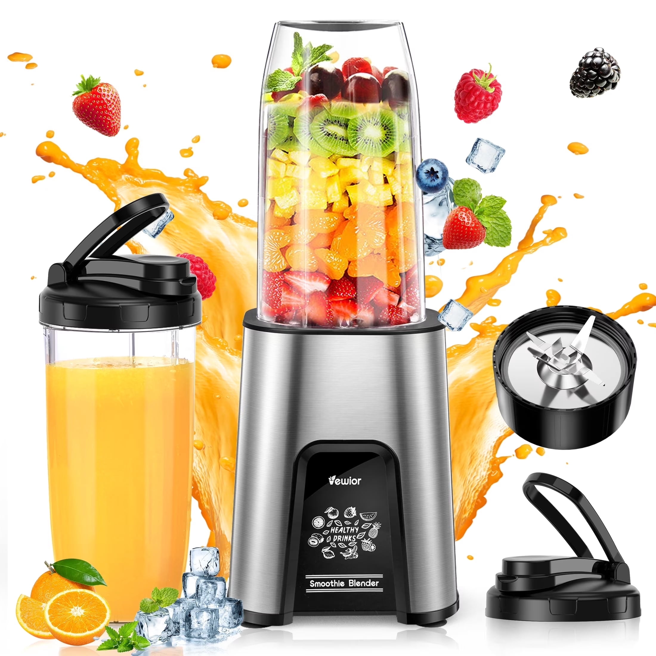 1000W Smoothie Blender for Shakes and Smoothies, Stainless Steel Blenders for Kitchen, Protein Drinks, Personal Blender with 2 * 22Oz Smoothie Cups with Lids