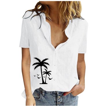 EQWLJWE Womens Tops Women Printed Short Sleeve Loose Button Turndown Collar Shirt Solid Blouse Tops