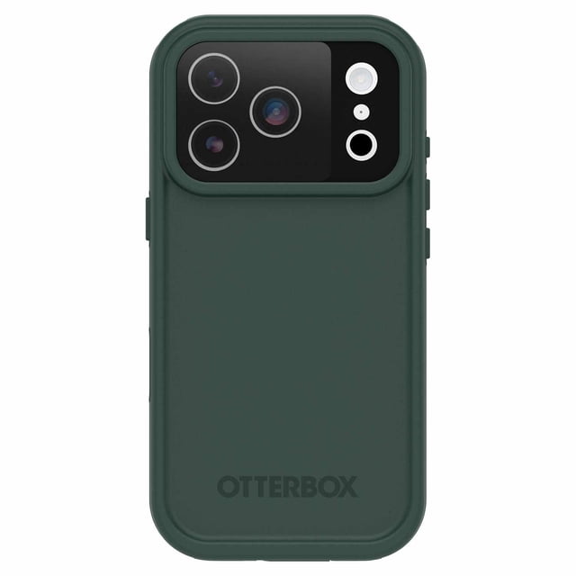 OtterBox Fre MagSafe Case Submerge for iPhone 17 Pro in dark green, rear view with raised camera cutout protecting triple lenses and flash, smooth matte finish, OtterBox logo embossed at bottom, waterproof to 2 meters for 1 hour, 5X military drop protection, built-in MagSafe magnets, and anchors for straps suitable for secure handling.