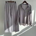 thumbnail image 1 of VEKDONE Summer Cotton Linen Sets 2 Piece Long Sleeve Button Lapel Shirts with Wide Leg Pants Solid Color Loose Fit Blouse Match Drawstring Palazzo Pants Suits, 1 of 5