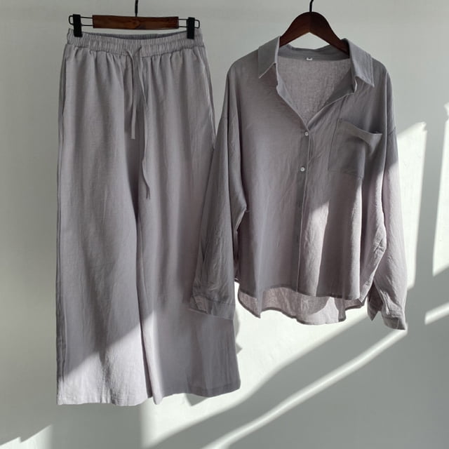 VEKDONE Summer Cotton Linen Sets 2 Piece Long Sleeve Button Lapel Shirts with Wide Leg Pants Solid Color Loose Fit Blouse Match Drawstring Palazzo Pants Suits