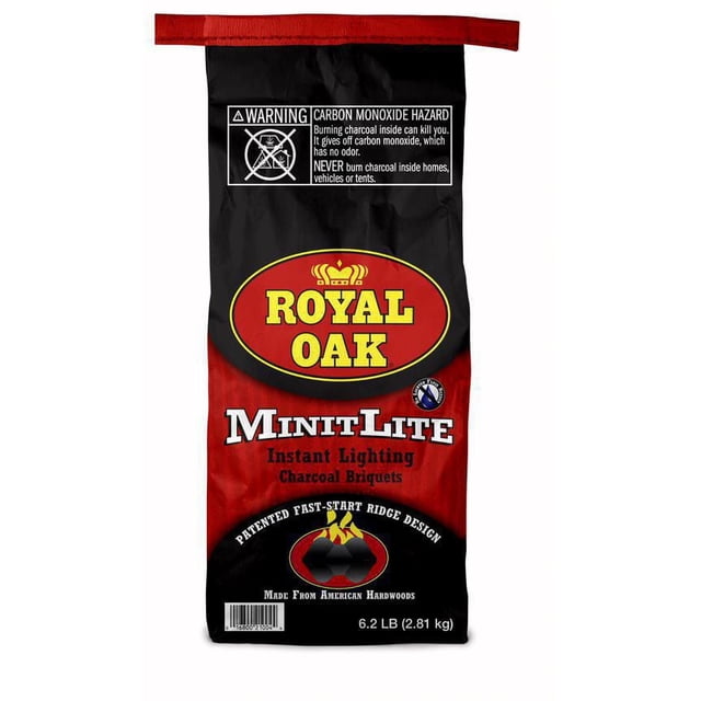 Royal Oak MinitLite Charcoal bag with 6.2 lb (2.81 kg) instant lighting briquets featuring patented fast-start ridge design for improved airflow, made from American hardwoods, suitable for grilling fuels and outdoor cooking, with carbon monoxide hazard warning.