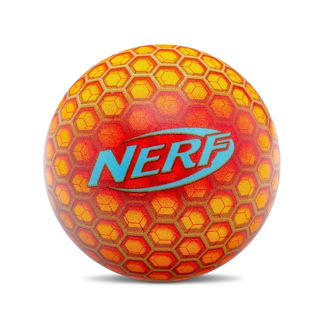 Nerf Super Bounce Ball in a centered front view, featuring a spherical shape with an orange and yellow hexagonal honeycomb pattern and a blue Nerf logo on a red background, designed for high bounce play and durability, suitable for kids' indoor and outdoor games and often used for active play and catch.
