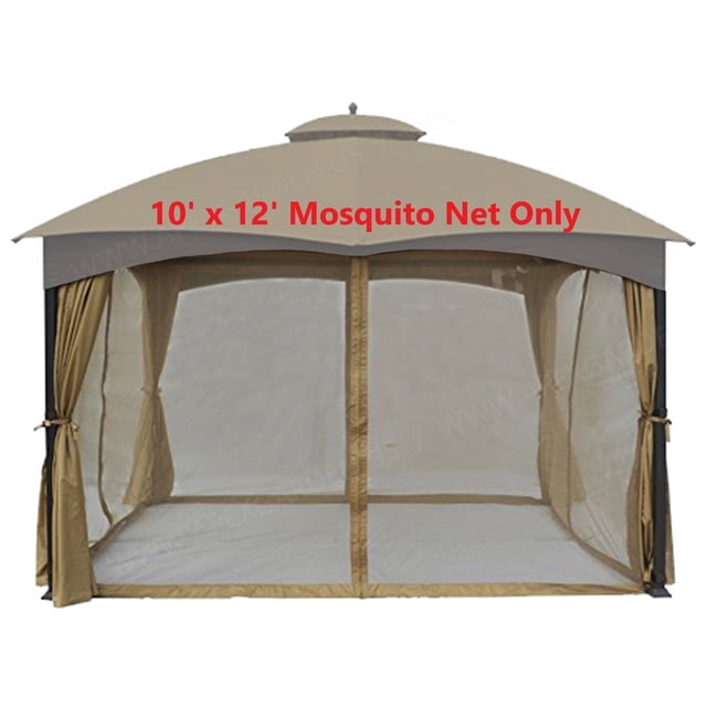 APEX GARDEN 10' x 12' Gazebo Replacement Mosquito Netting in beige, suitable for outdoor shade and designed to fit most 10' x 12' gazebos, including models #355094 and #510327. Features four polyester wall enclosures with zippers at the center of each side for easy entry and exit. Includes clip rings for hanging and grommet tops. Replacement netting only; canopy, metal frame, privacy curtains, and hooks sold separately.