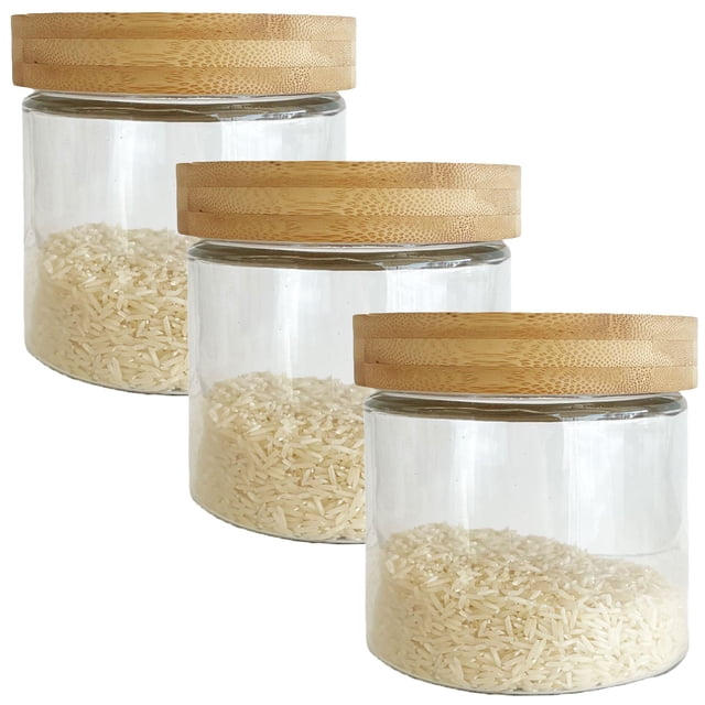 JS Gourmet set of 3 glass containers with airtight bamboo screw-on lids, each with a 900ml capacity. The clear glass design allows visibility of contents, while the natural bamboo lids provide a secure closure. Perfect for food storage sets, these containers are ideal for dry foods like rice, spices, or pasta and offer a modern, versatile solution for kitchens, bathrooms, or offices.