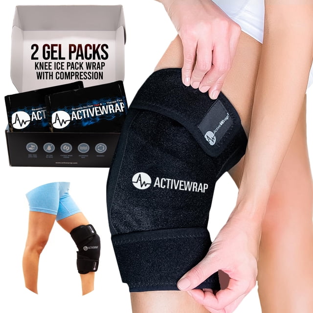 ActiveWrap - Knee Ice Pack Wrap with Compression, 2 Reusable Gel Heat & Cold Packs for Knee Pain, Sore Legs & Shin Splints. Flexible Cold Wrap for Injury and Swellin