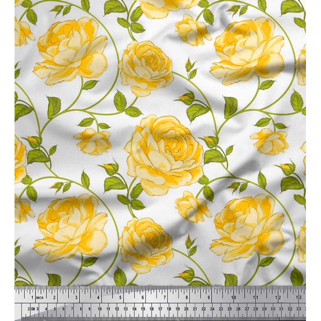 Soimoi Tissu Crêpe polyester Feuilles & Roses Imprimé Floral 1 Yard 42 Pouces de Large