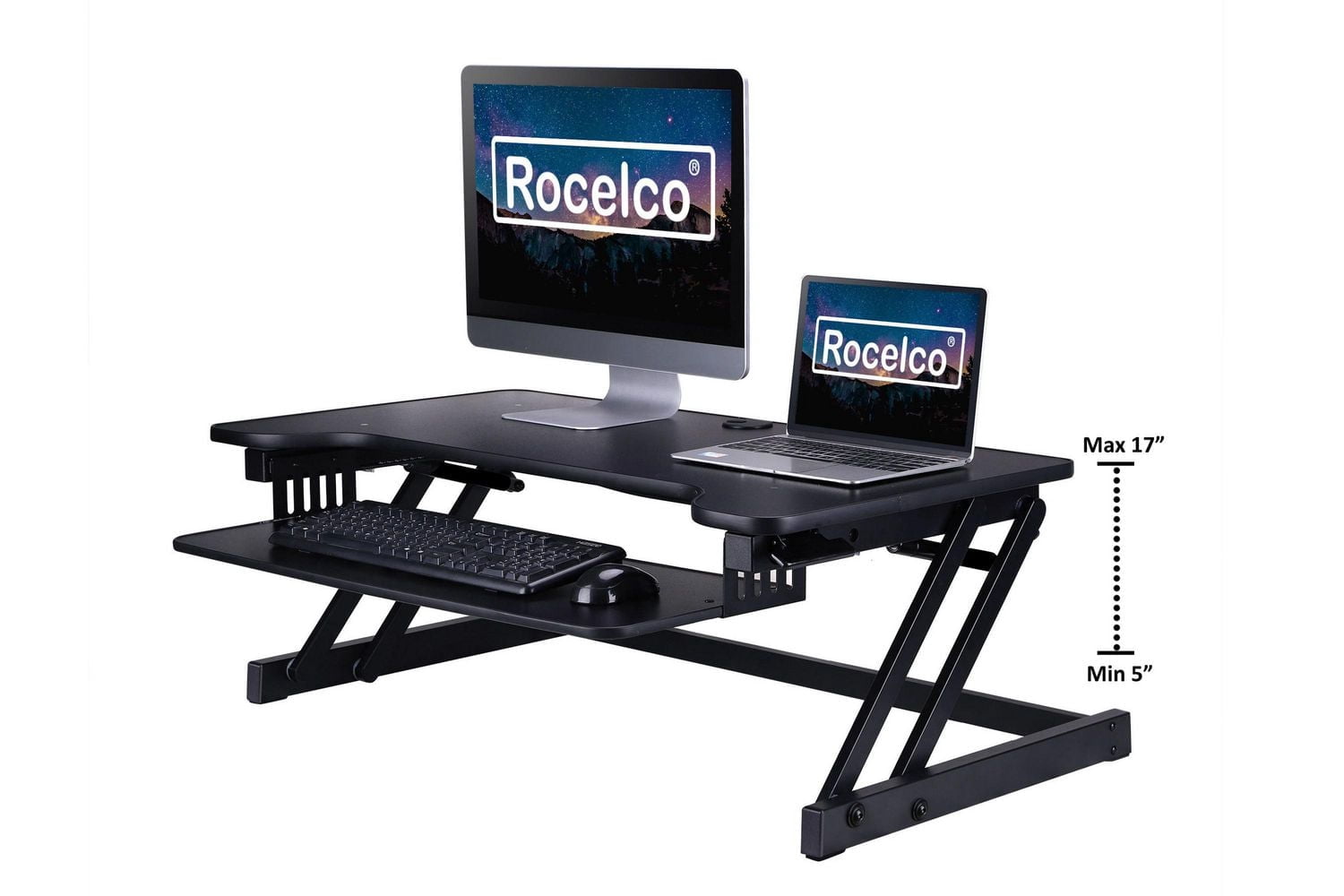 Rocelco 37.5" Deluxe Height Adjustable Standing Desk Converter - Quick Sit Stand Up Dual Monitor Riser - Gas Spring Assist Computer Workstation - Large Retractable Keyboard Tray   (Black)