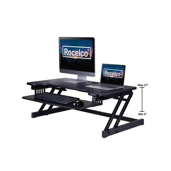 Rocelco 37,5 "Convertisseur de bureau debout réglable en hauteur de luxe - Montage rapide et vertical pour double moniteur - Poste de travail informatique à ressort à gaz - Grand plateau de clavier ré