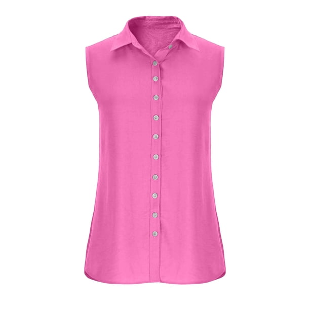 Ymauqau Women's Sleeveless Button down Shirts Collared Curved Hem
