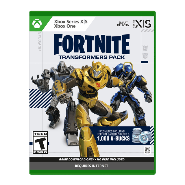 Fortnite - Transformers Pack for Xbox Series X, a digital download featuring Bumblebee, Megatron, and BattleBus characters. Includes 3 outfits, 3 back blings, 3 pickaxes, 2 emotes, and 1,000 V-Bucks. Ideal for Fortnite fans and Xbox Series X gamers.
