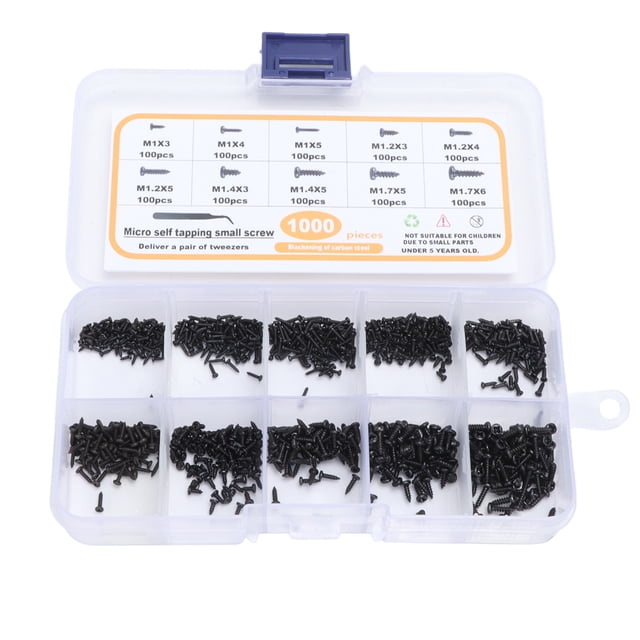 Pan Head Watch Screws, Self Tapping Small Screws Carbon Steel Grip Replacement 1000Pcs With Tweezers For Glasses Clock Toy For Repairman