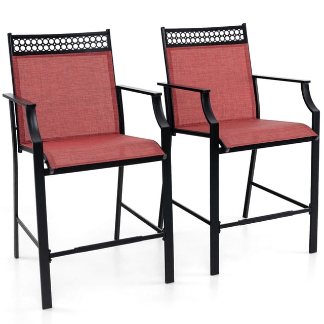 Costway Outdoor Counter Stools Set of 2 with Footrest & Armrests Metal Frame for Backyard Red. These outdoor bar stools feature a durable anti-deformation metal frame and breathable, rip-resistant red fabric seats. Designed with a curved seat, inclined backrest, and footrest for comfort, they are perfect for patio seating, kitchen islands, or balcony bars. Dimensions: 26 x 24.5 x 45 inches.