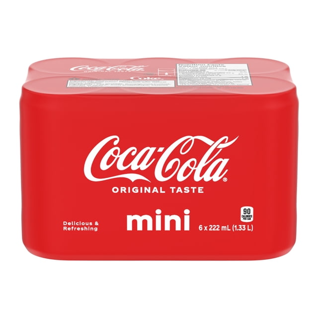 Coca-Cola Cans, 222 mL, 6 Pack with red shrink-wrap featuring white Coca-Cola logo and 'mini' text, containing six 222 mL cans (1.33 L total) of classic refreshing cola, suitable for sharing or on-the-go refreshment.