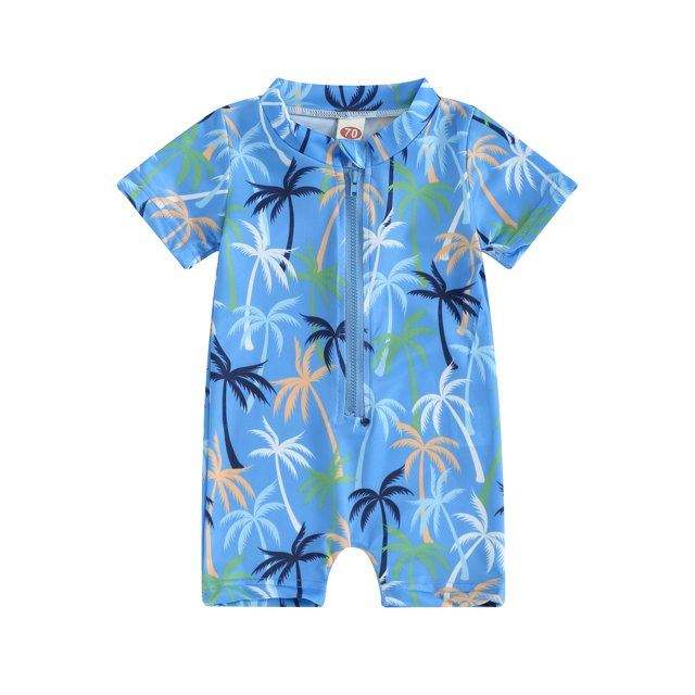 Wangsaura Toddler Baby Boy Rash Guard Swimsuit Cute Print Short Sleeve Zip Front Bathing Suit Swimwear