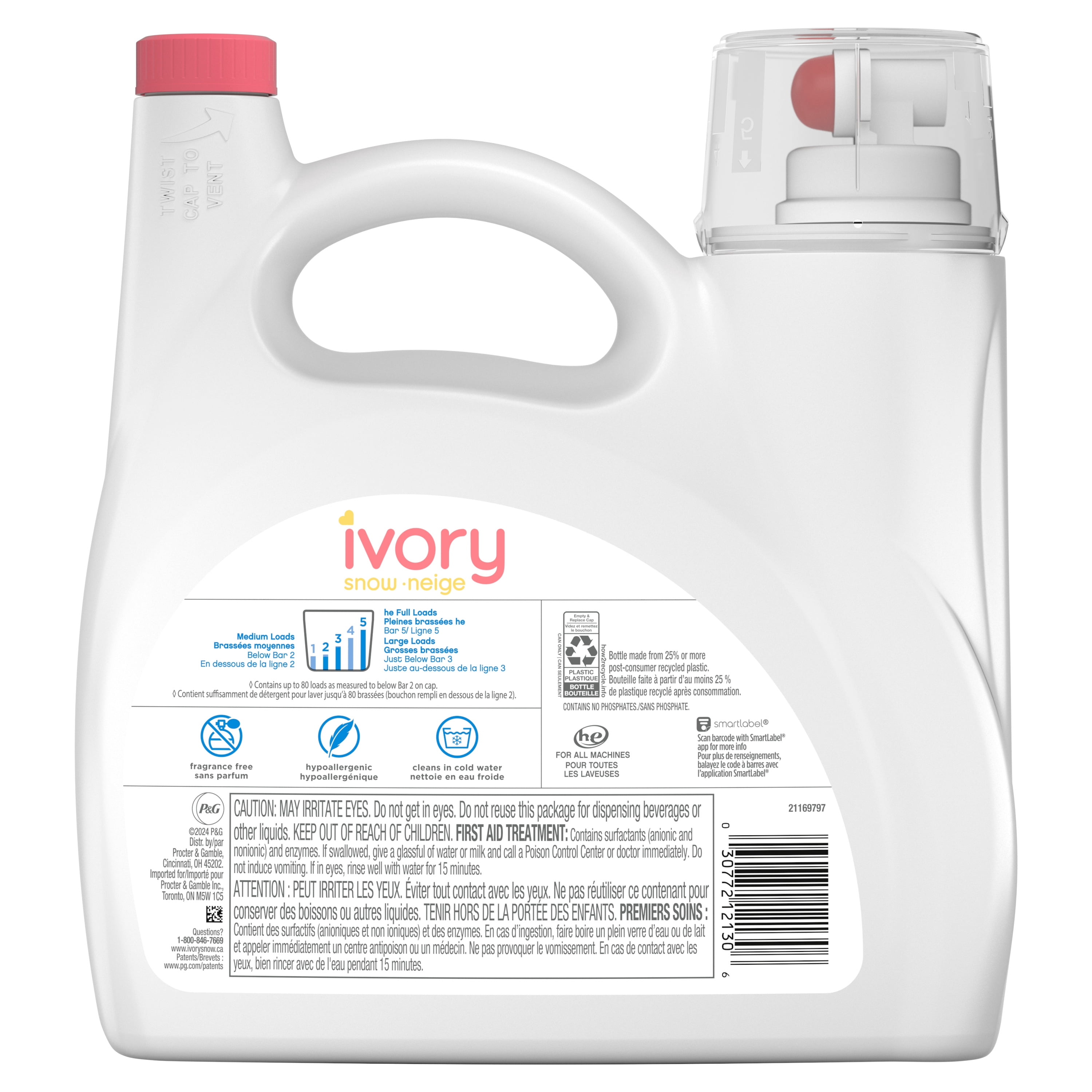 Ivory Snow Free Liquid Laundry Detergent, 3.2 L, 80 Loads, Laundry Detergent for Sensitive Skin, Dermatologist tested