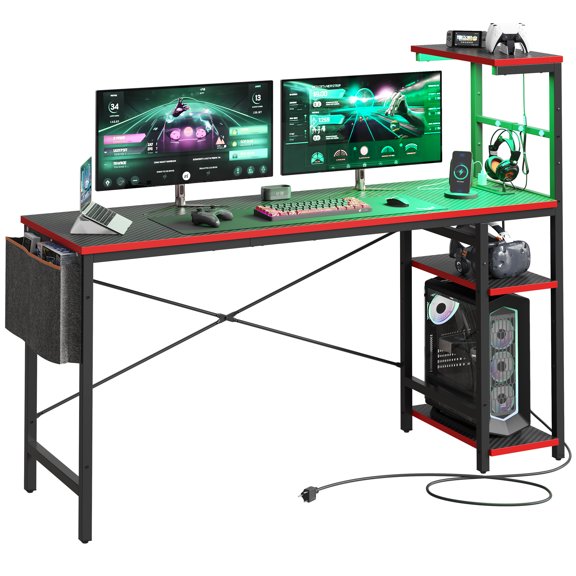 Bestier Bureau d'Ordinateur de Jeu Réversible de 61 Pouces avec Prise de Courant, Bureau à DEL avec 4 Étagères à 4 Niveaux, Fibre de Carbone Noire