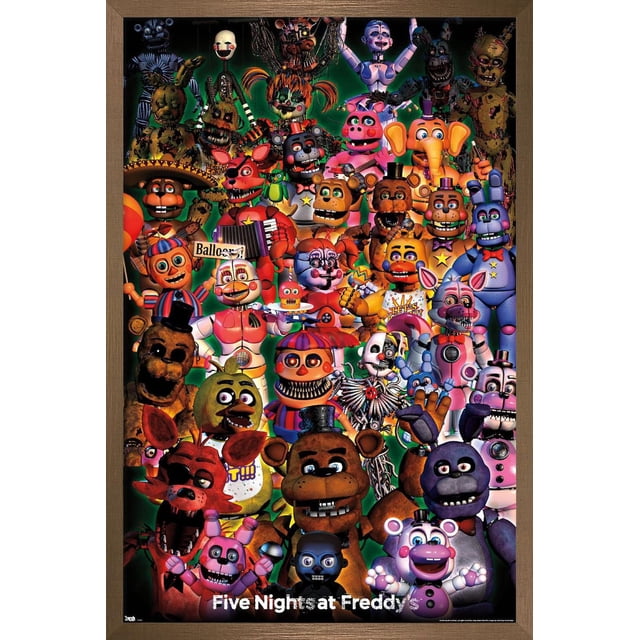 Five Nights at Freddy's - Affiche Murale de Groupe Ultime, 22,375 Po x 34 Po Encadrée, Présentant un collage vibrant de Personnages Animatroniques de la Série de Jeux avec des textures et des Couleurs Variées sur un Fond Vert Foncé, Parfait pour Décorer des Chambres, des Bureaux Ou des Salles de Jeux.