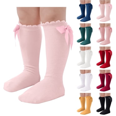 Zwiiyzr 6M-7Y Baby Girls Knee High Socks Toddler Cotton Long Socks Bow Ruffled Knee Socks Tube Stockings Kids Dress Socks Beige