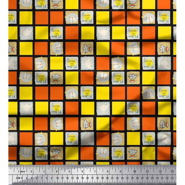 Soimoi Velvet Fabric Geometric Square,Text & Bear Face Kids Fabric Prints by Yard 58 Inch Wide