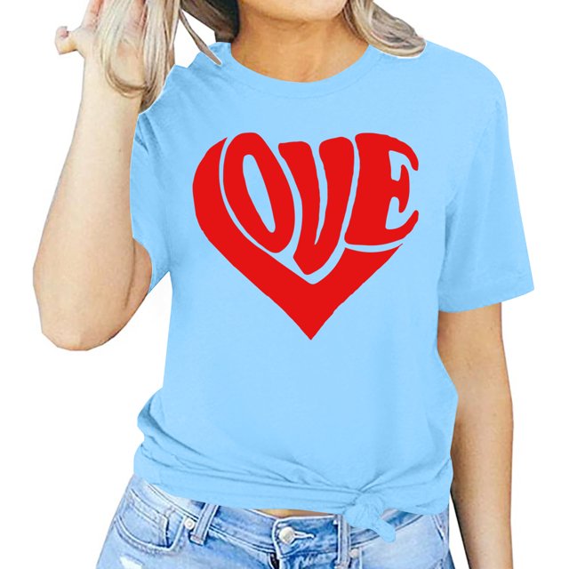 Meichang T-Shirt de la Saint-Valentin pour Femmes Mignons Cœurs Graphiques Hauts Mignons T-Shirts de Vacances Manches Courtes Col Rond Mode 2025