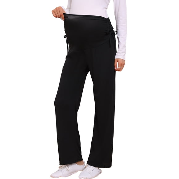 INSPIRE CHIC Womens Maternity Pants Ribbed Knit Palazzo Over the Belly Work Lounge Wide Leg Pregnancy Trousers M Black