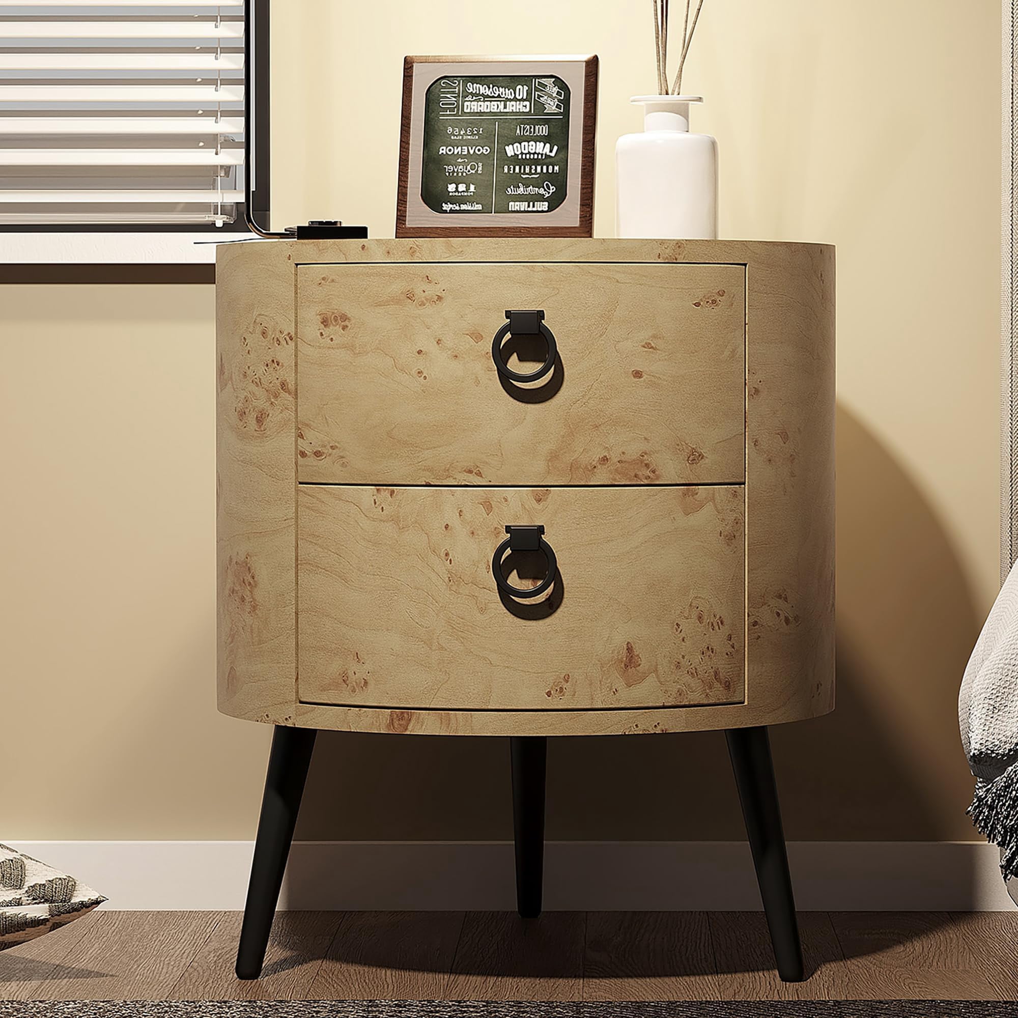 BeesClover Rustic Round Nightstand with 2 Drawers, 300LBS Tabletop Load Wooden Bedside Table, Mid - Century End Table with Metal Legs for Bedroom/Living Room