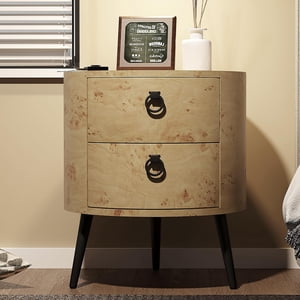 BeesClover Rustic Round Nightstand with 2 Drawers, 300LBS Tabletop Load Wooden Bedside Table, Mid - Century End Table with Metal Legs for Bedroom/Living Room