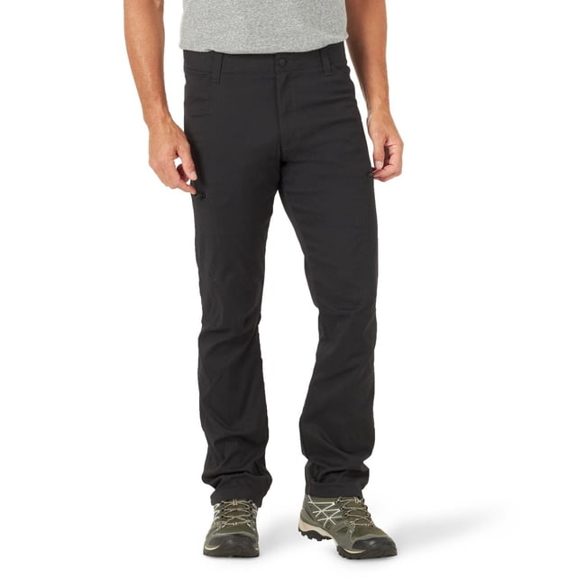 Wrangler Men's Outdoor Performance Pant in black with mid-rise, straight leg fit, moisture-wicking nylon fabric, zippered side utility pockets, reinforced kick plates, and comfort waistband for mobility, ideal for outdoor activities and versatile wear.