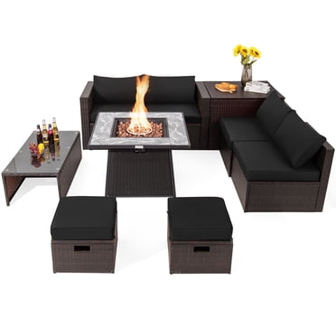 Patiojoy Ensemble de 9 Pcs de Meubles de Patio Extérieur avec Table de Foyer au Propane de 35 Pouces, Ensemble de Canapé Sectionnel d'Extérieur en Osier PE Gain de Place avec Coffre de Rangement et Coussins Noir