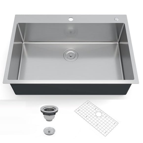 Évier de Cuisine Encastré 33 x 22 Pouces, Support Supérieur pour Bol Simple en Acier Inoxydable T304, Rebord Affleurant de 10 Pouces, Fini Brossé, Grille Inférieure et Drain Inclus