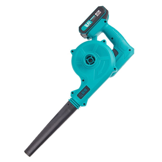 Garden High Power Handheld Leaves Blower Lawn Machine by Langgg, a rechargeable cordless air blower with a teal body and black wind pipe. Features a detachable wind pipe, 22000r/min no-load speed, and a compact, lightweight design. Suitable for blowing leaves, dirt, dust, and small debris in courtyards, patios, and gardens.