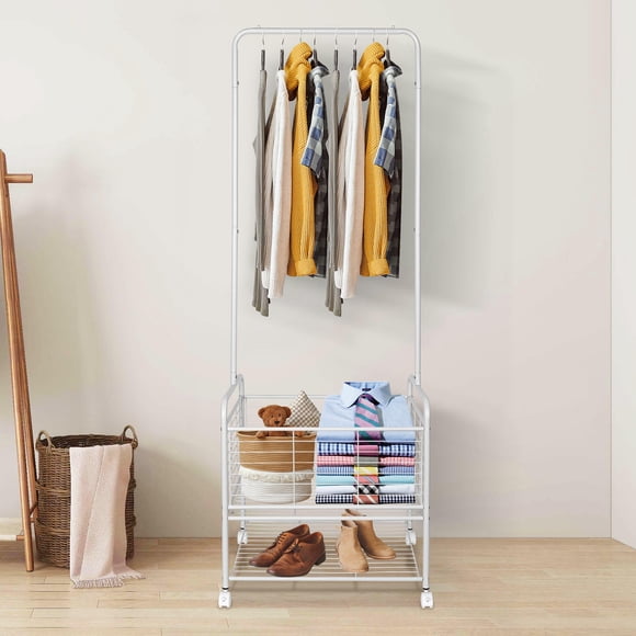 Portable Clothes Rack with Storage Basket and Bottom Shelf, Rolling Garment Rack Hanging Clothes Clothing Shelf, White