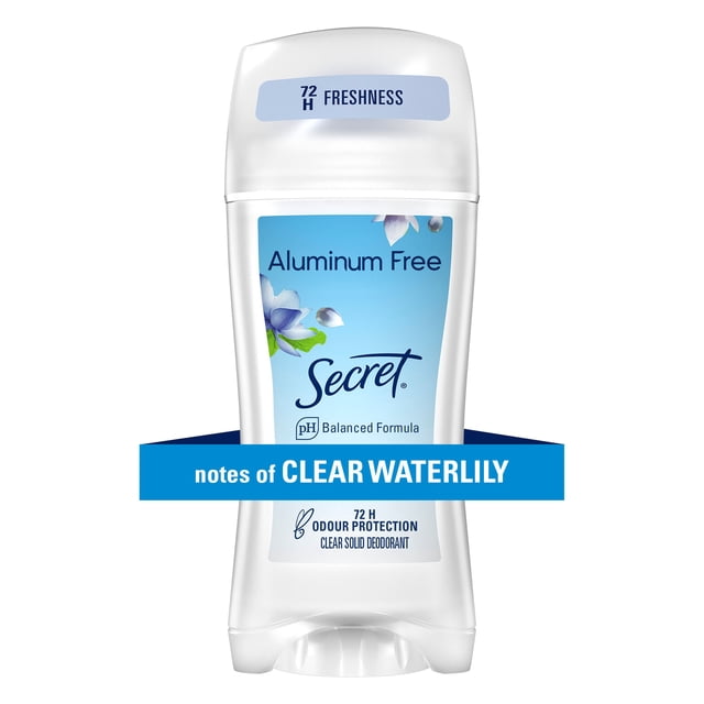 Secret Aluminum Free Clear Solid Waterlily 68G deodorant stick in a white plastic container with a blue floral label, offering 72-hour odour protection and a pH balanced formula for women's personal care.